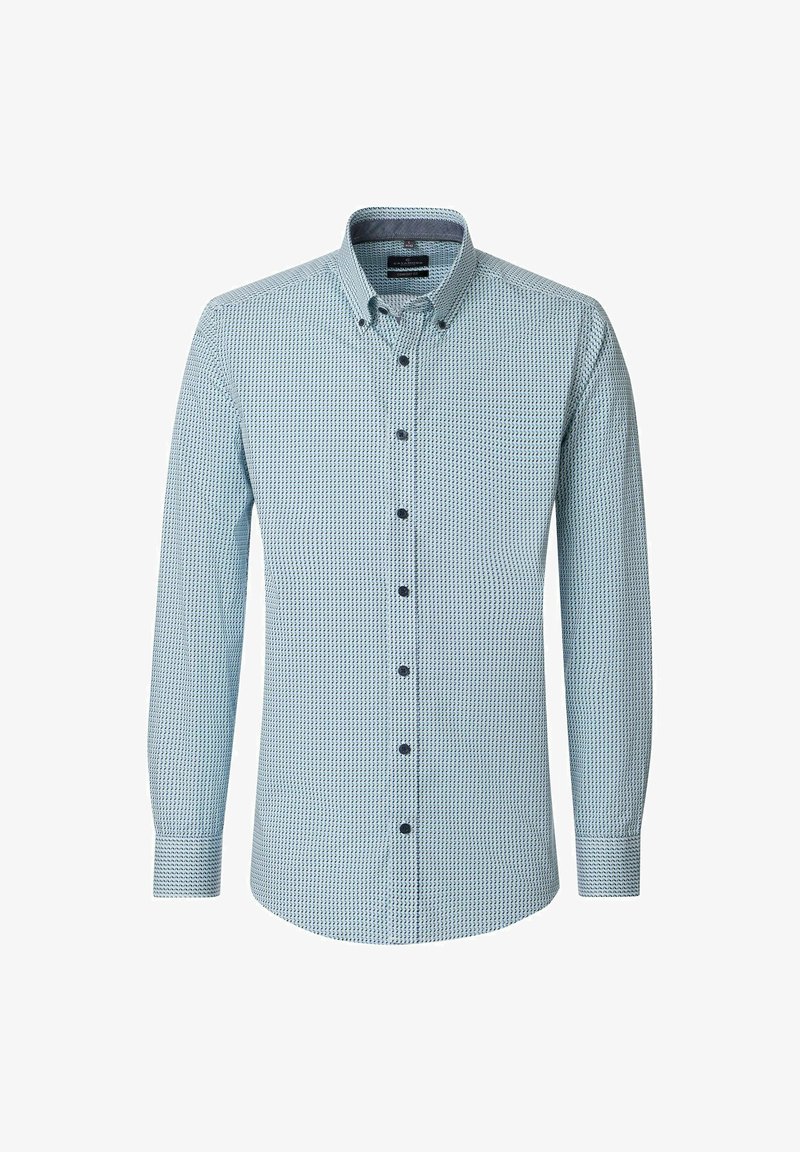 Light blue long-sleeve button-up shirt with small dark geometric pattern and button-down collar, shown front-facing on a white background.