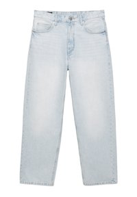 Jean à taille haute, coupe droite, en denim clair, avec poches avant, passants pour ceinture et fermeture à bouton métallique.