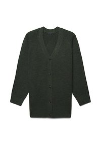 Cardigan lungo a maniche lunghe di un verde scuro con scollo a V e cinque bottoni neri sulla parte anteriore, realizzato in morbido tessuto a maglia.
