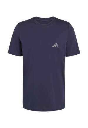 Mørkeblå kortærmet crewneck t-shirt med lille gråt Adidas-logo på venstre bryst.