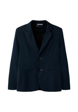 Blazer bleu marine foncé à simple boutonnage avec deux boutons, revers crantés et poches passepoilées devant, présenté sur fond blanc.