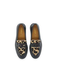 Black loafers with a leopard-print felt accent on the toe. Smooth leather exterior, rounded shape, and sturdy rubber sole.