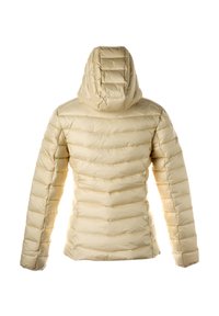 Bežinė siuvinėta pūkinė striukė su kapuci, ilgomis rankovėmis ir horizontaliu siuvimu, rodoma iš nugaros ant baltos fono.