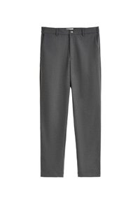 Pantalon gris avec une finition texturée, présentant un design à jambe droite, une taille avec passants de ceinture et une fermeture à un seul bouton.