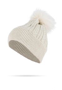 Berretto lavorato a maglia in crema con motivo a treccia, fondo a coste e pon-pon in pelliccia sintetica in cima. Texture morbida, forma rotonda con vestibilità strutturata.