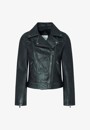 Črna usnjena motoristična jakna z teksturirano površino, asimetrični sprednji zadrgo, širokimi reverji in dvema stranskima žepoma z zadrgo.