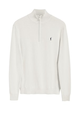 White long-sleeve knit pullover with quarter zip and ribbed collar, cuffs, and hem, featuring small black polo player logo on chest.