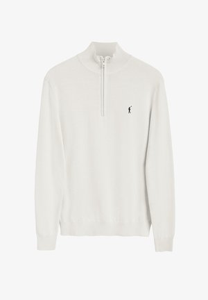 Hvid strikpullover med lange ærmer, kvart lynlås og ribbet krave, manchetter og kant, med lille sort polo-spiller logo på brystet.