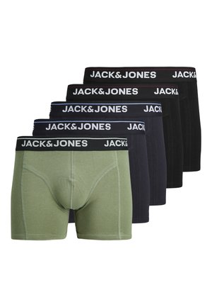 Fünf Paar Jack & Jones Herrenboxershorts in Schwarz, Marineblau und Olivgrün mit gebrandeten elastischen Bundbändern.