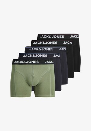 Cinq paires de boxers pour hommes Jack & Jones en noir, bleu marine et vert olive avec des ceintures élastiques griffées.