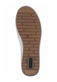 Suola di scarpa con una superficie in gomma marrone testurizzata, caratterizzata da scanalature orizzontali e un design circolare, accentuata da un logo nero e un bordo resistente.