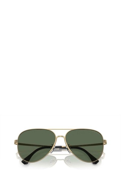 Occhiali da sole aviator in metallo dorato con lenti verde scuro, caratterizzati da un design a doppio ponte e punte nere sugli steli.