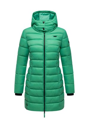 Giacca imbottita trapuntata verde con cappuccio, zip frontale e accenti neri. Presenta maniche lunghe e un design di lunghezza media fino alla coscia.