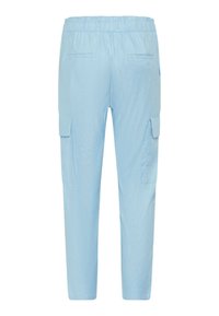 Light blue cargo pants featuring a drawstring waistband, two side pockets, and two cargo pockets on the thighs. Smooth fabric texture.