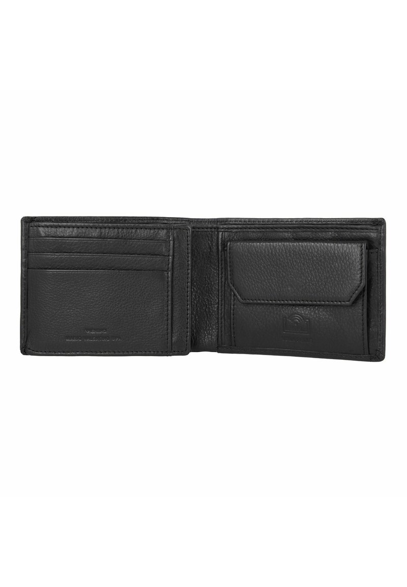 Czarny skórzany portfel o gładkiej fakturze, w układzie składanym, z wieloma slotami na karty i kieszenią na dodatkowe przechowywanie.