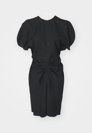 Mustmustel dress, mille varrukatega ja ümar kaelus. Vöökoht on kokku kogutud, luues struktureeritud silueti. Kõrge kvaliteediga tekstuuriga kangas.