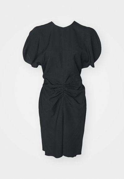 Black dress with puff sleeves and a round neckline. Features a gathered detail at the waist, creating a structured silhouette. Textured fabric.
