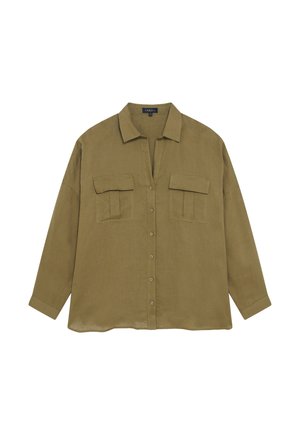 Chemise en lin vert olive avec un col, un boutonnage sur le devant et deux poches poitrine. Caractéristiques : manches longues et coupe décontractée.