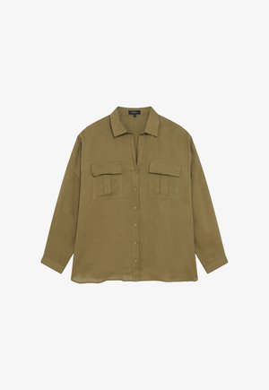 Chemise en lin vert olive avec un col, un boutonnage sur le devant et deux poches poitrine. Caractéristiques : manches longues et coupe décontractée.