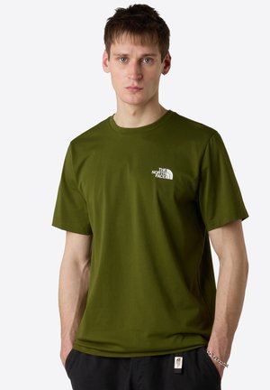 Olive green cotton t-shirt featuring a crew neckline and short sleeves, with a white logo on the left chest area. Smooth texture.
