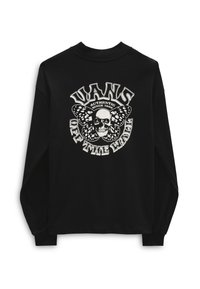 Maglietta nera a maniche lunghe con una grafica centrale di un teschio decorato con farfalle, testo bianco che recita "VANS AUTHENTIC DAL 1966" e "OFF THE WALL."