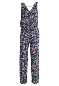 Blommig jumpsuit i marinblått tyg med rosa och gröna blommönster, v-ringning, justerbara axelband och insydd midja. Hela benlängden.