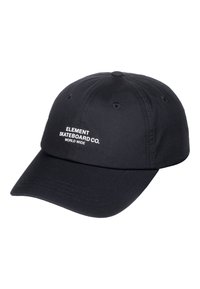 Sort baseball cap med buet skygge, syede ventilationsøjer og hvid tekst, der står "Element Skateboard Co. World Wide" på frontpanelet.