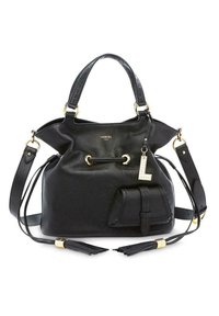 Μαύρη δερμάτινη τσάντα με απαλή υφή, χρυσές λεπτομέρειες, ρυθμιζόμενους ιμάντες και αποσπώμενη τσέπη με ετικέτα 'L'.