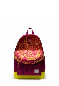 Sac à dos rose vif et jaune avec motifs abstraits, poche avant, poignée supérieure et compartiment principal zippé ouvert pour montrer le design intérieur.