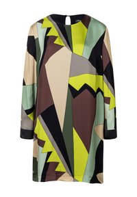 Robe à manches longues présentant un motif géométrique dans des tons de vert, marron et noir ; tissu lisse avec un col arrondi et un trou de clé au dos.