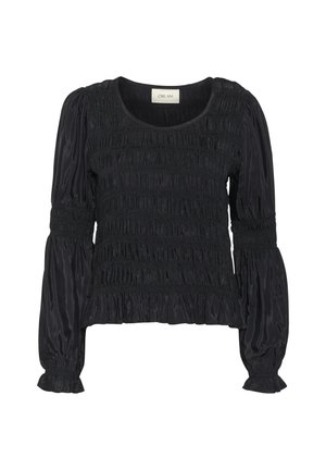 Top negru, cu mânecă lungă, cu un design strâns, luciu moale și o margine gathered. Prezintă un guler rotund și manșete elastice la mâneci.