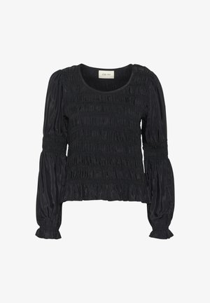 Schwarzes Langarmoberteil mit Raffung, sanftem Glanz und gerafftem Saum. Mit rundem Ausschnitt und elastischen Manschetten.