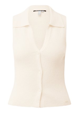 Crème kleurige mouwloze gebreide vest met kraag en drie knopen aan de voorkant, aansluitende pasvorm.