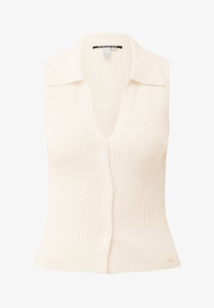 Crème kleurige mouwloze gebreide vest met kraag en drie knopen aan de voorkant, aansluitende pasvorm.