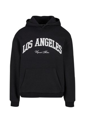 Mustat hupparit, joissa on etupuolella kengurupussi, ja rinnassa valkoinen "LOS ANGELES" -kuvasto sekä resorit hihansuissa.