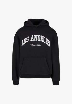 Hanorac negru cu buzunar frontal tip cangur, având un grafic „LOS ANGELES” în alb pe piept și manșete cu model rib.