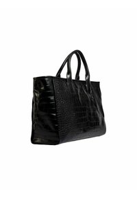 Zwarte krokodillenembossed leren tote bag met dubbele handgrepen, gestructureerde vorm, gladde textuur en subtiele stikdetails aan de zijkanten.