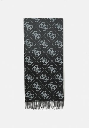 Black scarf featuring a repeating geometric pattern in gray, with fringe detailing along the bottom edge for texture and visual interest.