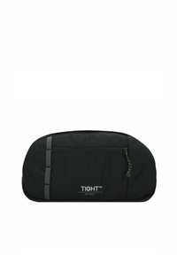 Marsupio hip compatto nero con tasca anteriore con cerniera, anelli verticali grigi e logo "TIGHT™ HIP PACK" sul fronte.