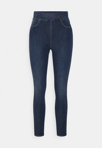 Mörkblå denimleggings med en slät, elastisk textur, midjehögt midjeband och två framfickor. Tight passform, ankellängd.