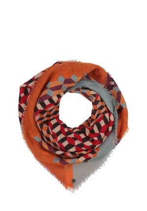 Scarf multicolore a motivo geometrico con sfumature di arancione, rosso, nero e blu. Realizzata in tessuto morbido con bordi sfrangiati.