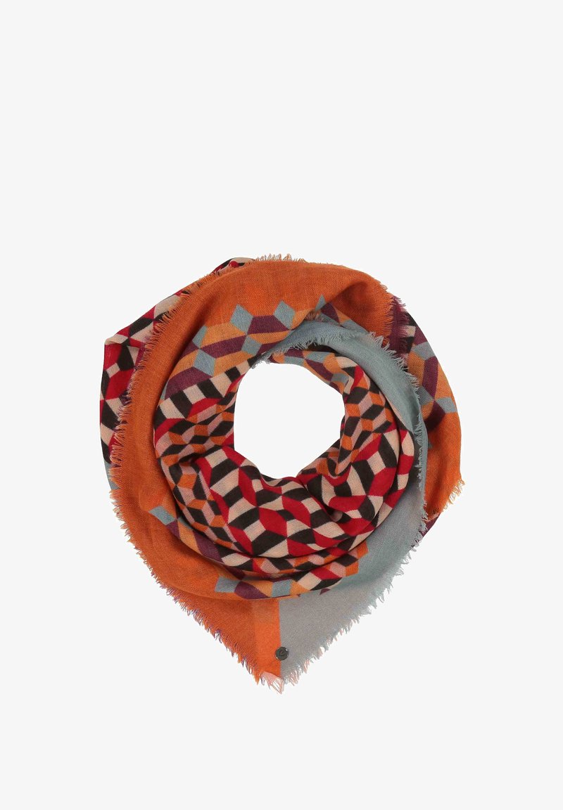 Multicolored geometrisch patroon sjaal met oranje, rood, zwart en blauwe tinten. Gemaakt van zachte stof met rafelige randen.