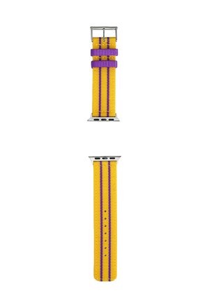 Correa de reloj de nylon con rayas amarillas y moradas, con conectores y hebilla metálicos plateados, mostrada en dos piezas separadas.