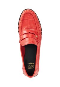 Red leather loafers with a crocodile texture, featuring a stitched accent around the sides and a gold logo detail on the front.