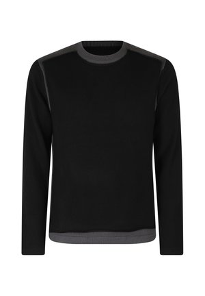 Maglione nero a maniche lunghe con bordino grigio scuro sul colletto, sui bordi delle spalle e sulla vita, mostrato su uno sfondo bianco.