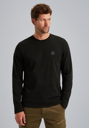 Schwarzer langärmeliger Rundhalsausschnitt Sweatshirt aus Baumwollmischung, mit einem kleinen Logo-Patch auf der Brust sowie einem gerippten Halsausschnitt und Bündchen.