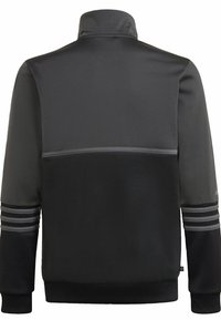 Czarna sportowa kurtka z wysokim kołnierzem, contrasting textures, and three horizontal stripes on the sleeves. Elastyczny materiał i dopasowany krój.