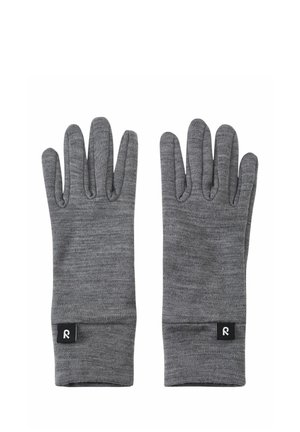 Pair of gray knit gloves with five fingers each, featuring small black tags with a white logo near the wrist cuffs.