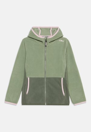 Grüne Fleecejacke mit Kapuze, komplettem Frontreißverschluss, zwei Taschen und hellrosa Besatz an den Kanten und Tascheneingängen.