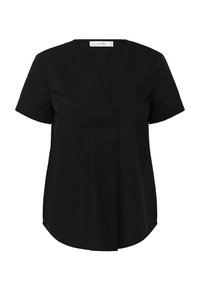 Top nero a maniche corte con orlo leggermente curvo, dotato di scollatura a V e piega frontale nascosta. Realizzato in un tessuto liscio e leggero.